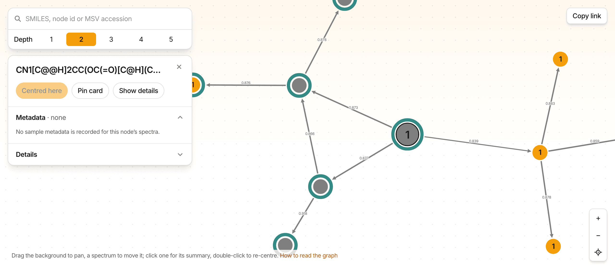 The DreaMS Atlas explorer: a spectrum and its nearest neighbours drawn as a force-directed graph.